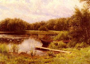 Peder Mork Monsted : A Boat Moored On A Quiet Lake